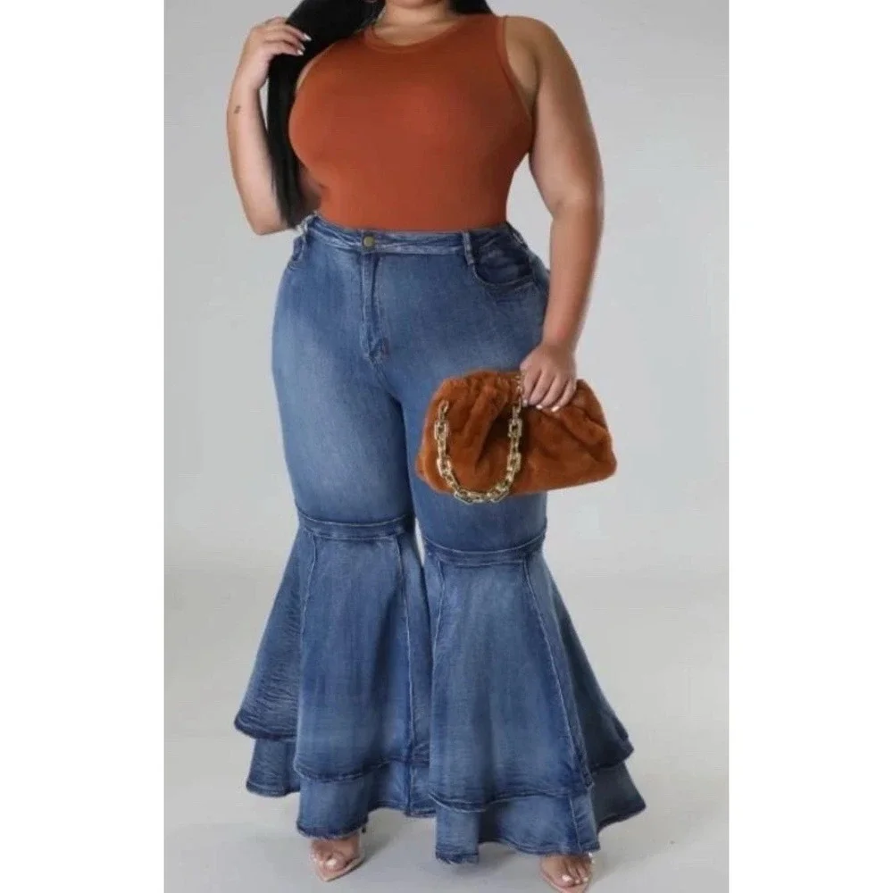 Plus Sz 1X Stretchy Fitted High Waist Layered Bell Bottom Hippie Blue Jeans Y2K - Picture 1 of 11
